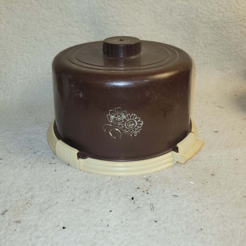 Vintage Lock Lift Cake Cover Carrier Brown Cream Plastic Floral Retro Kitchen...